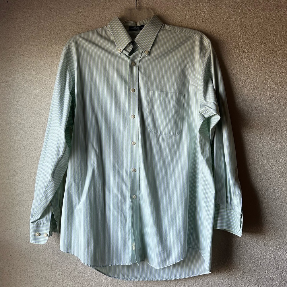 KIRKLAND SIGNATURE Non-Iron Light Green, Blue, & White Pin Striped Dress Shirt